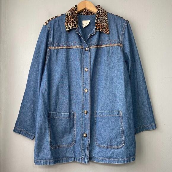 Vintage Brandon Y Size 8 Blue Jean Denim Jacket Leopard Print Faux Fur Collar - Picture 1 of 7